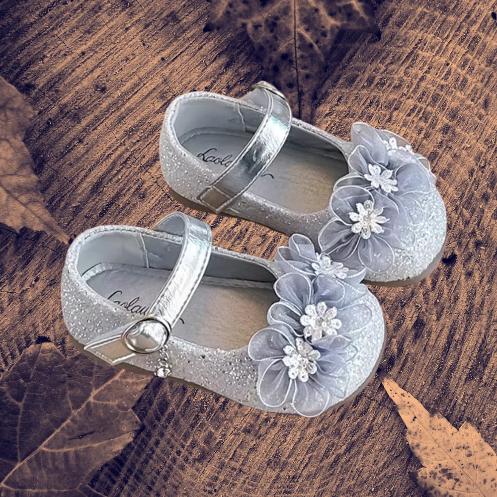 Girls Mary Jane Dress Shoes, Sparkly Glitter Flower Mesh Princess Flat Shoes, Soft Sole Party Wedding Ballet Dress Shoes