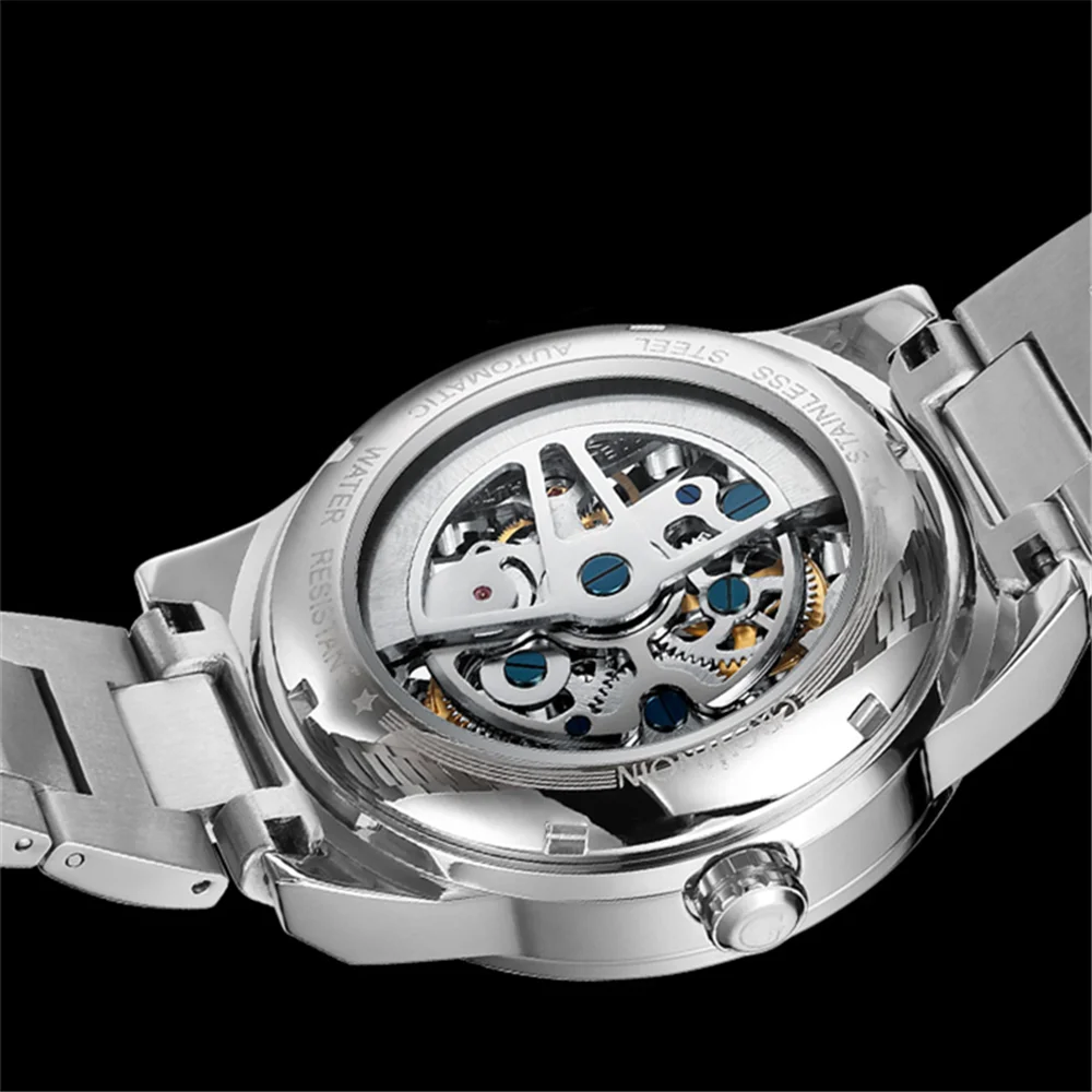 GUANQIN Men Skeleton Automatic Mechanical Wristwatch Luminous Stainless Steel Vintage Wrist Watch Sapphire Crystal Waterproof