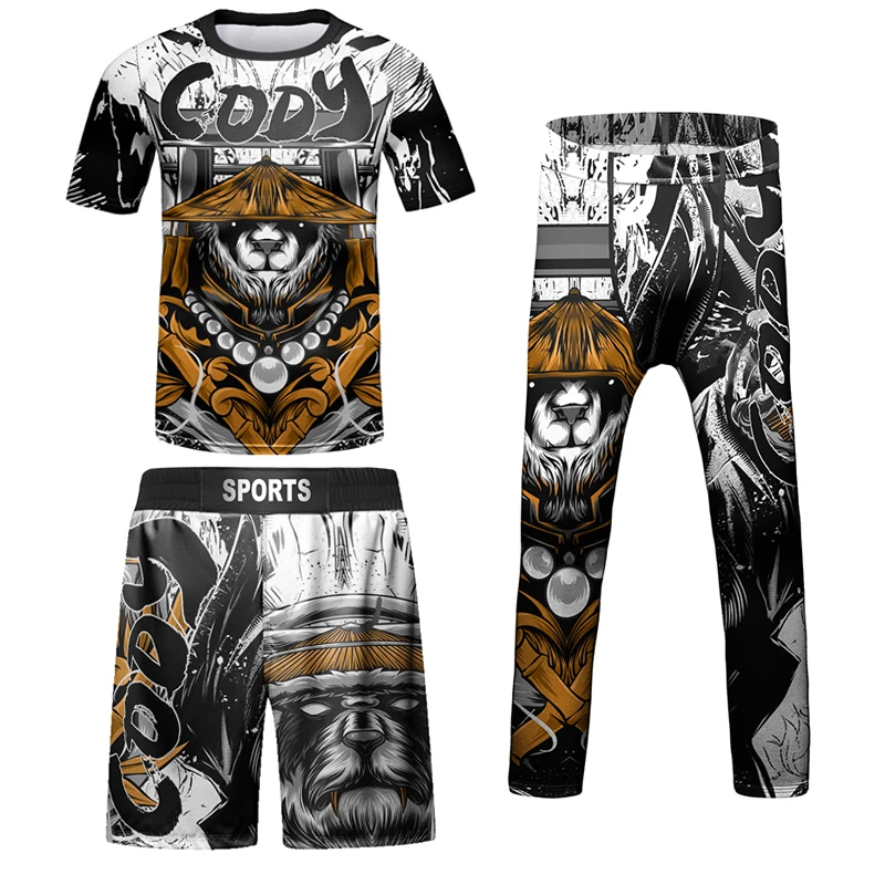 Nowe MMA dziecko Rashguard Jiu Jitsu T-shirt + zestaw spodni chłopiec dziewczyna Bjj wysypka Guard odzież sportowa dla dzieci spodenki Muay Thai