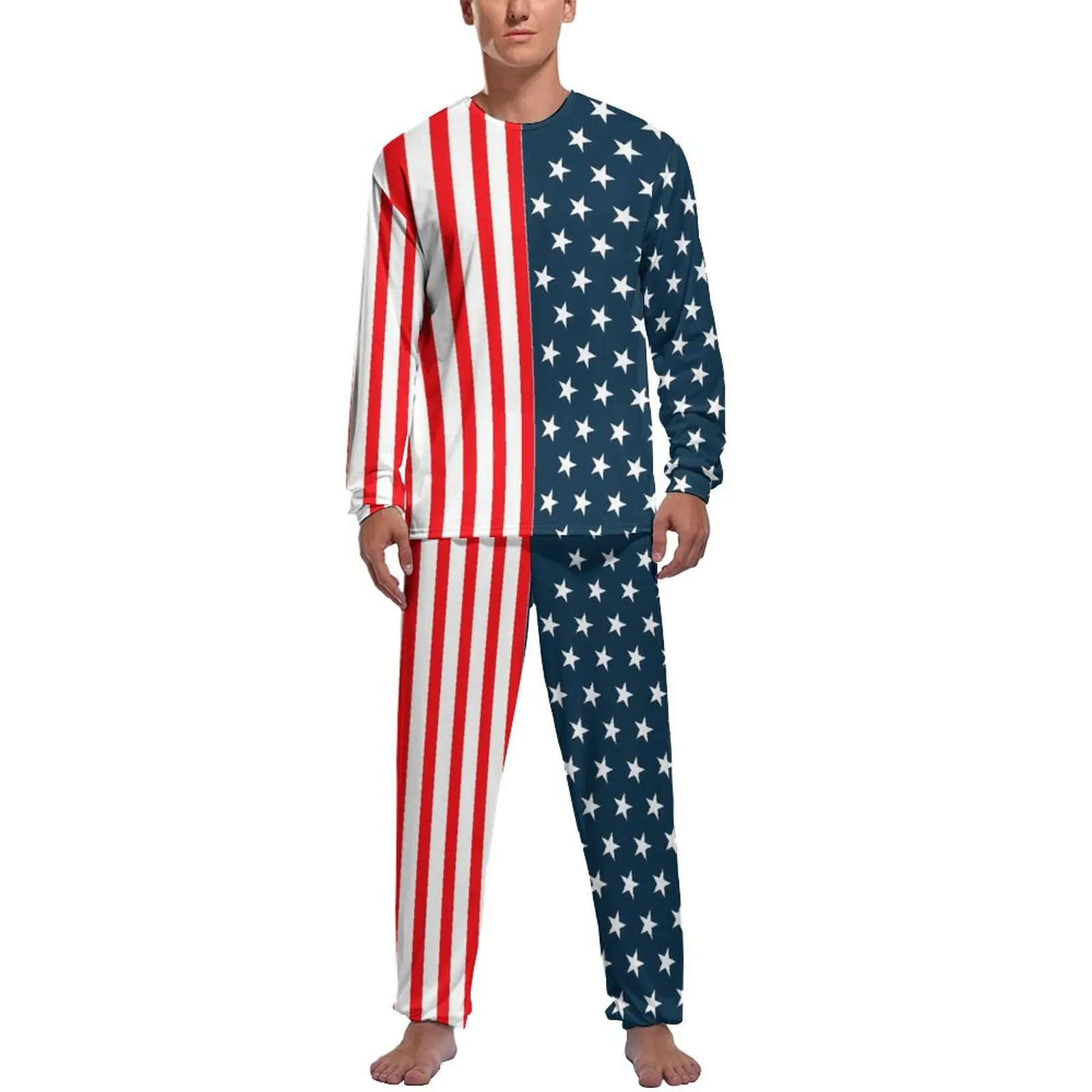 

American Flag Pajamas Winter 2 Piece The Stars And Stripes Elegant Pajama Sets Male Long Sleeves Night Graphic Sleepwear