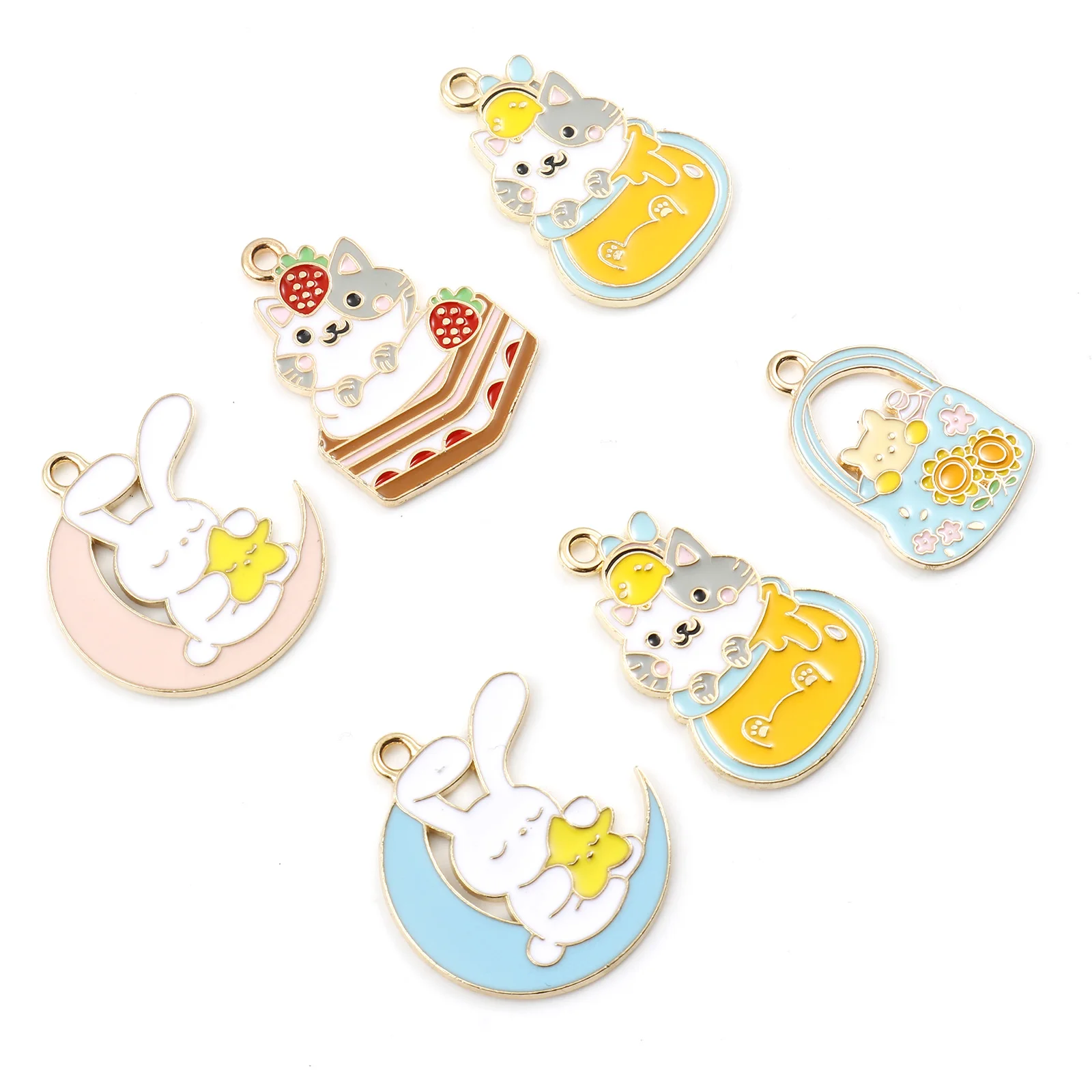 5PCs Enamel Animal Zinc Based Alloy Charms Rabbit Gold Color Cat Pendants For DIY Necklace Bracelet Jewelry Making Findings