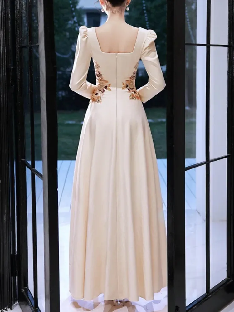 Square Collar Elegant Slim Waist Appliques Wedding Party Dresses Solid Temperament Long Sleeve Prom Dress Simple Even