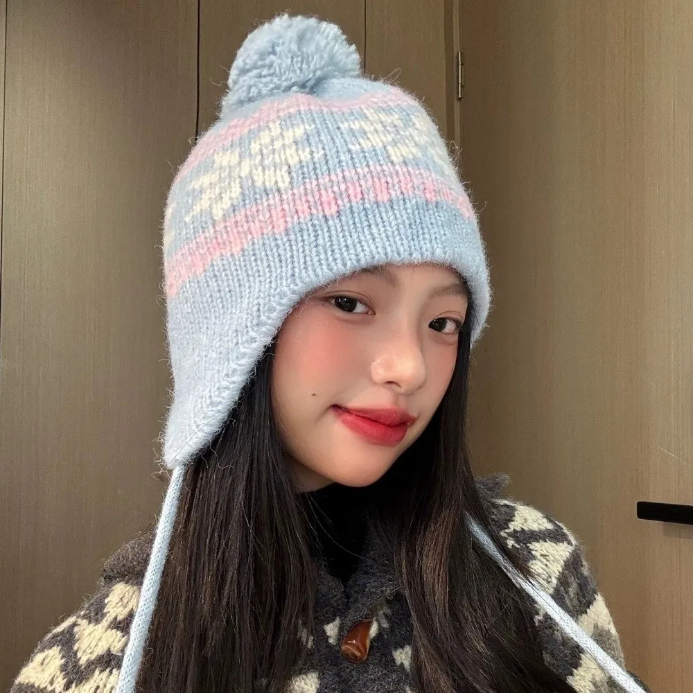

Sweet Korean Style Knitted Pullover Hat Wool Warm Jacquard Woolen Hat Vintage Retro Beanies Cap Autumn