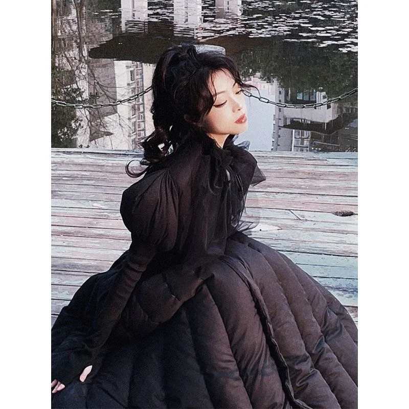 Fashionable Slim Down Long Skirt, Winter Black Waist Cinched High Neck Dress, Versatile And Casual Fluffy Skirt With Temperament