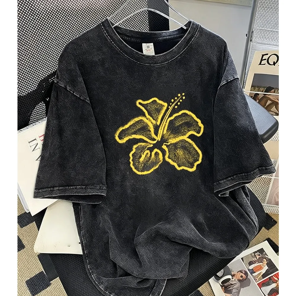 Y2K Hibiskus Grafik T-Shirt Gewaschene Baumwolle Retro Grunge Ästhetik Streetwear Unisex Oversized Sommer Blumen-T-Shirt Kleidung Oberteil