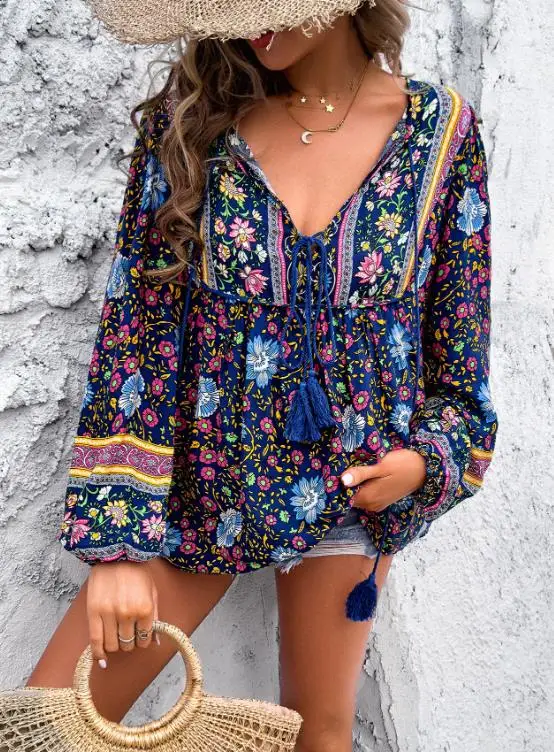 

Autumn/winter Women's Boho Style V - Neck Long Sleeved Blouse, Colorful Floral Print Design with Tassel Accents and Puff Sleeves