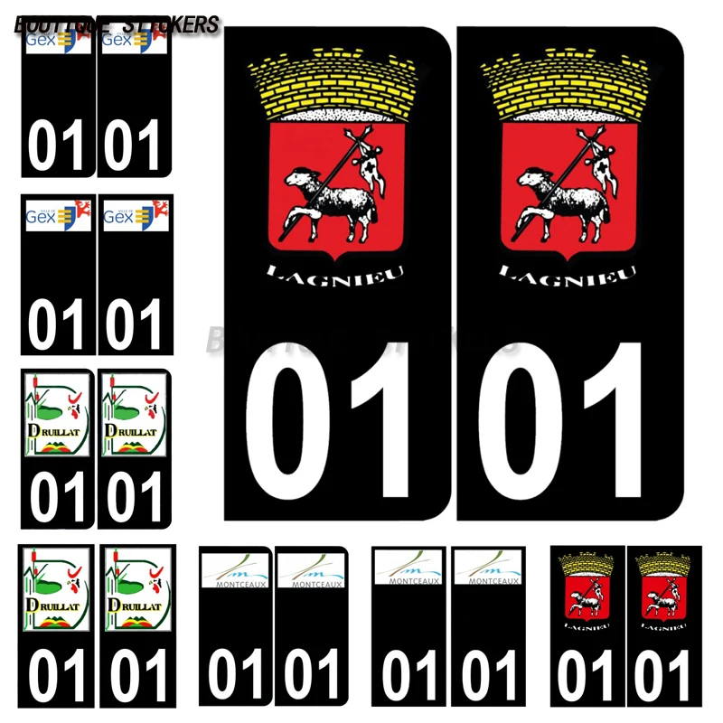 

Fine plaque d'immatriculation française noir / bleu autocollant 01 Gex Lagnieu Druillat Montceaux logo autocollant