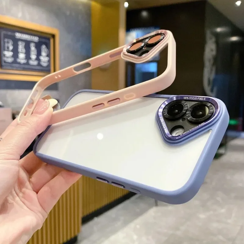 Luxury Transparent Metal Lens Protection Cases For iPhone 11 15 13 12 14 16 Pro Max Plus Clear Acrylic Hard Shockproof Cover