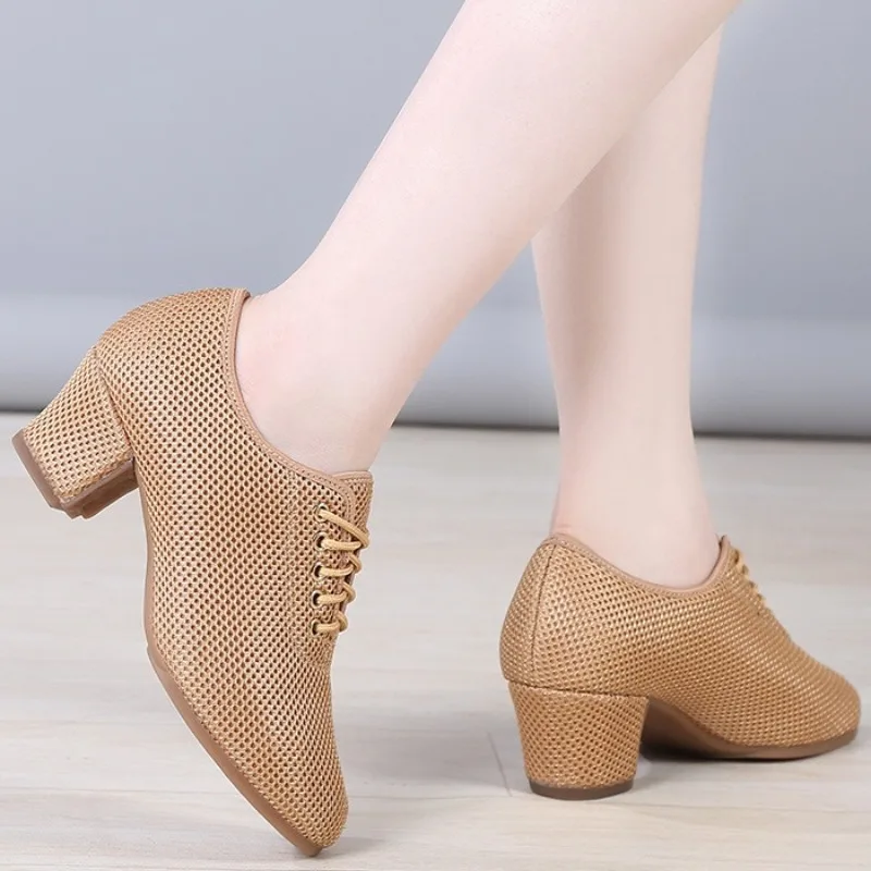 Women Summer Mesh Dance Shoes Latin Ballroom Soft Sole Mid Heel Teacher Square Dance Shoes