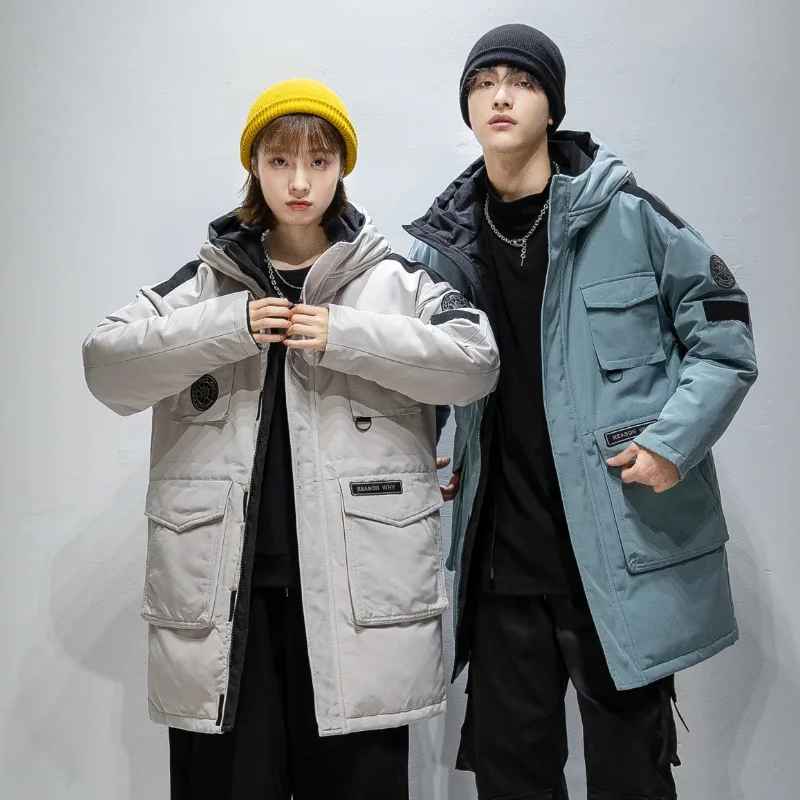 New Arrival Korean Style Men's Long White Duck Down Jackets Men Winter Warm Hooded Multi Pockets Thickened Outerwear JK-066