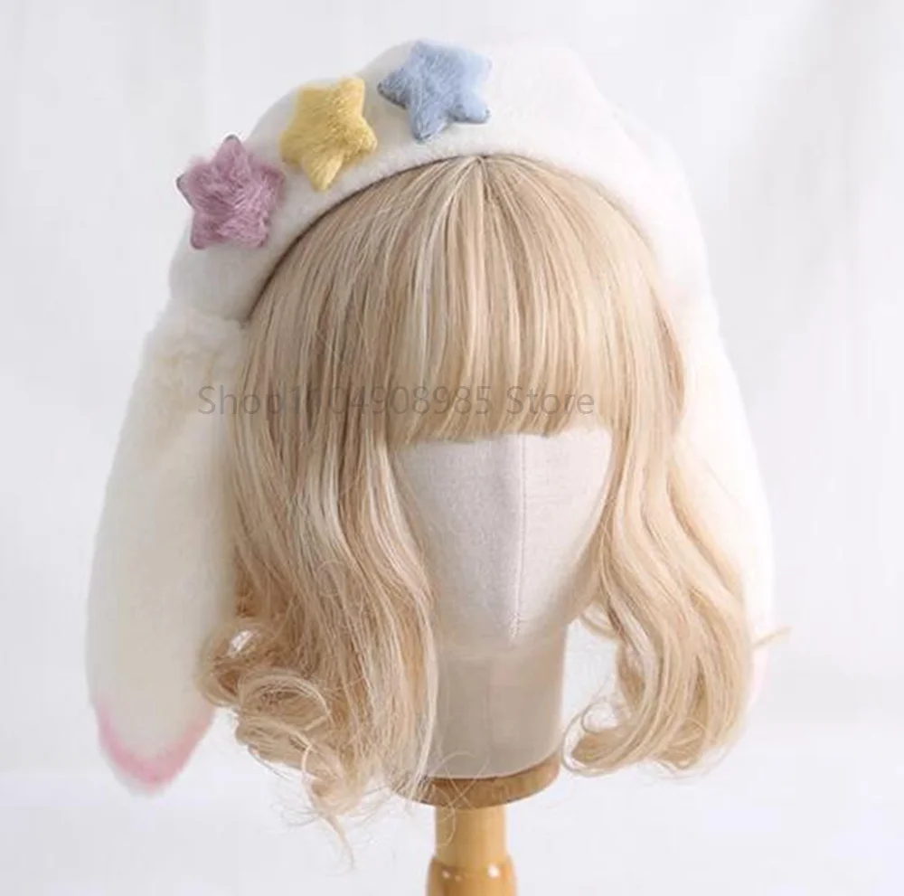 素敵なウサギの耳付きベレー帽、女性と女の子向け、暖かい冬用ラビットカートゥーンプラッシュキャップ、プラッシュJKベレー帽