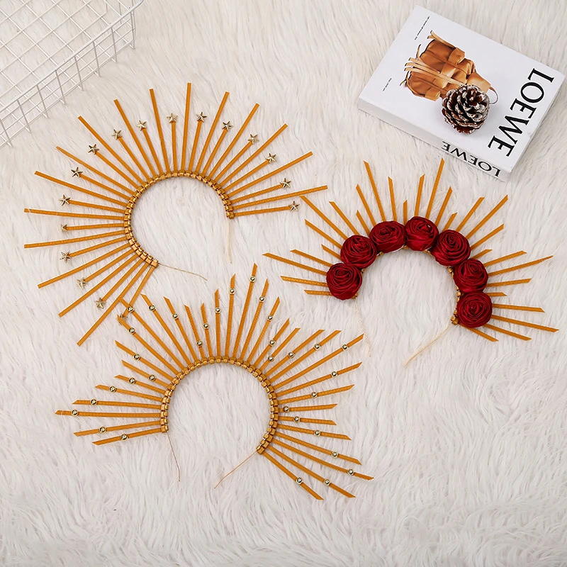 Lolita corona virgen sol Aura corona barroca Vintage diadema de Tiara exagerada accesorios para el cabello para niñas, Aro para el cabello de Color dorado y plateado