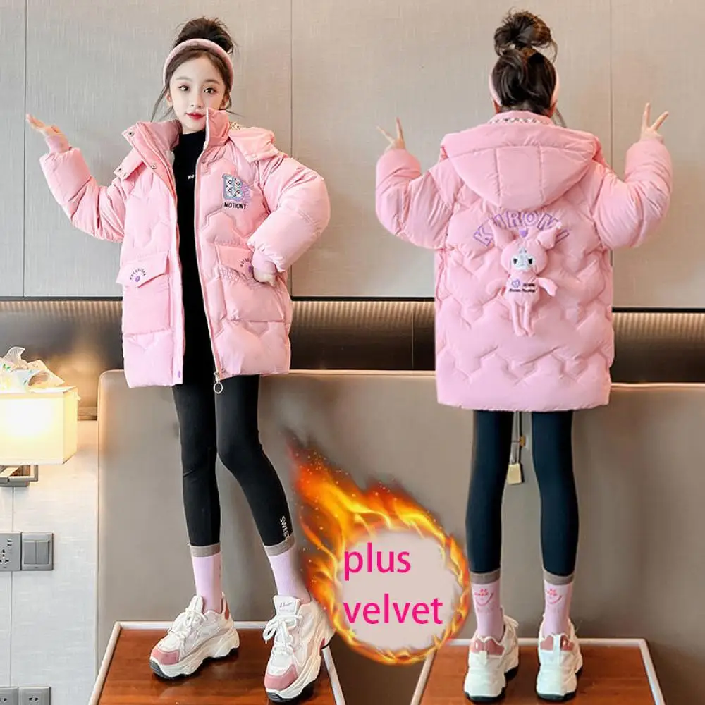 Kawaii Sanrio Kuromi Girls Plus Velvet Padded Jacket Down Cotton Coat Kids Anime Cartoon Cotton Clothes Winter Child Clothing