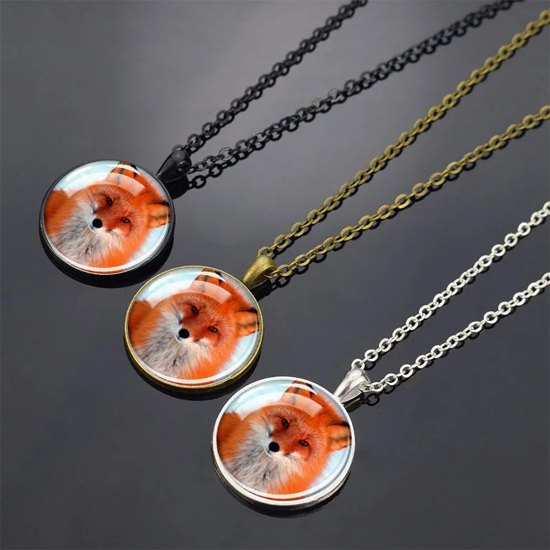 Red Fox and White Fox Necklace, Dome Glass Inlaid Pendant, Zinc Alloy Fashion Animal Jewelry Gift