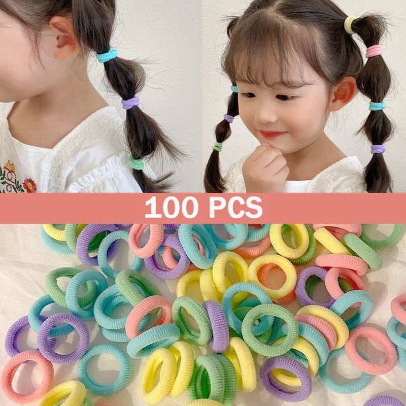 100pcs Girl\'s Elastic Hair Bands Colorful Sweet Hair Accessories Kawaii Cute Mini Hair Rope Towel Loop No Harm To Hair