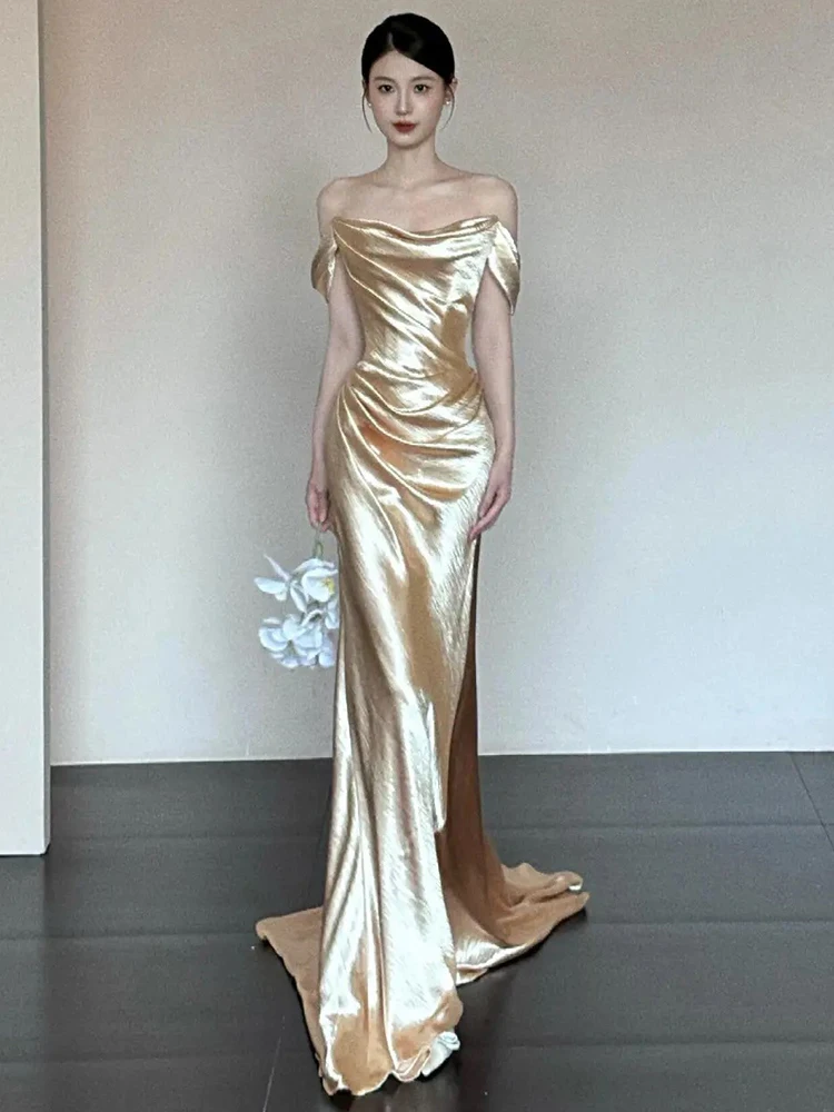 

Gold Fi Tail Evening Dr Women's 2025 New High-End Luxury One-oulder Year End Par Faionable Zipper Sle Long Sve