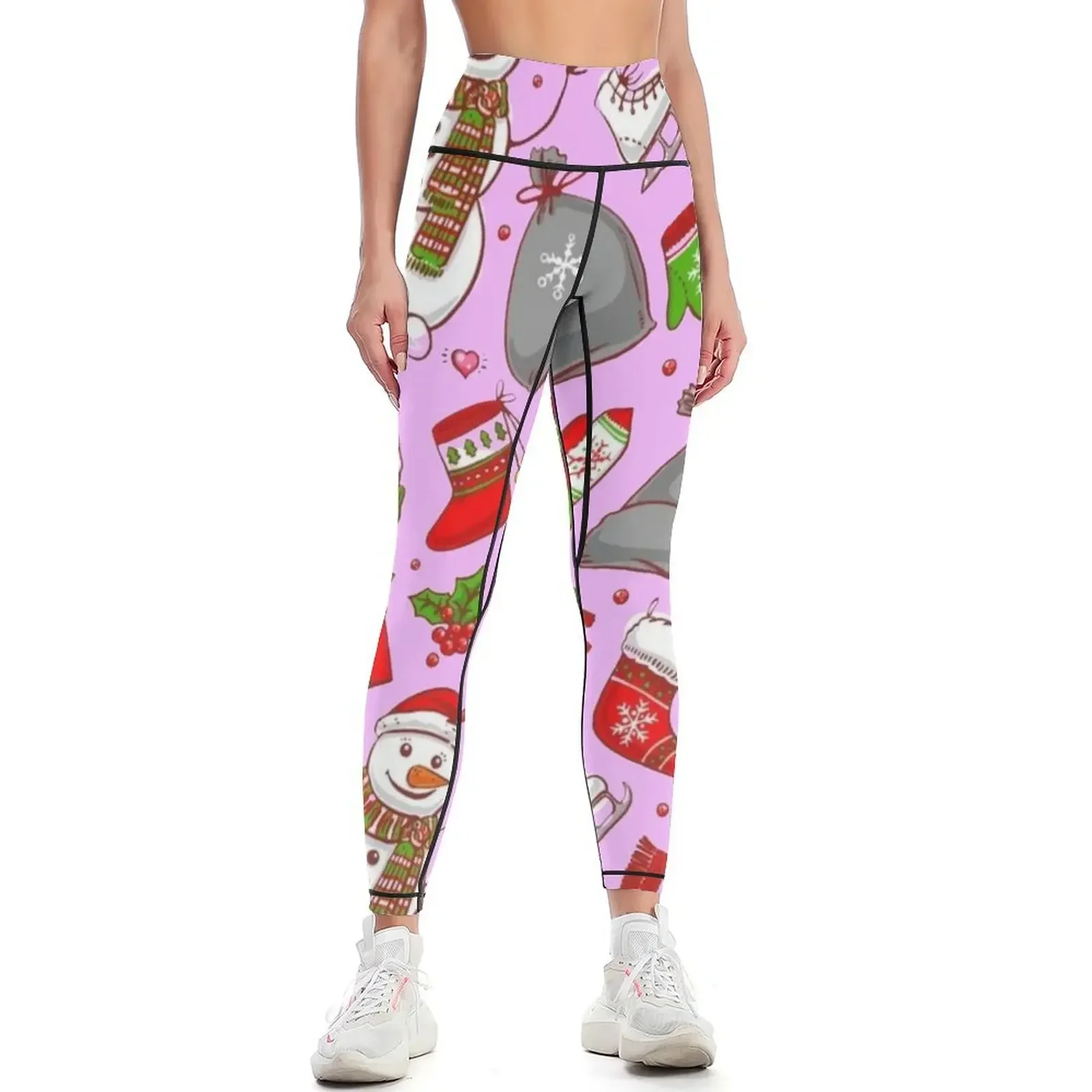 

Christmas Santa Claus Light Bolls Xmas Ginger Biscuit Sucks Snow Man Gifts Pattern Leggings Fitness woman Womens Leggings