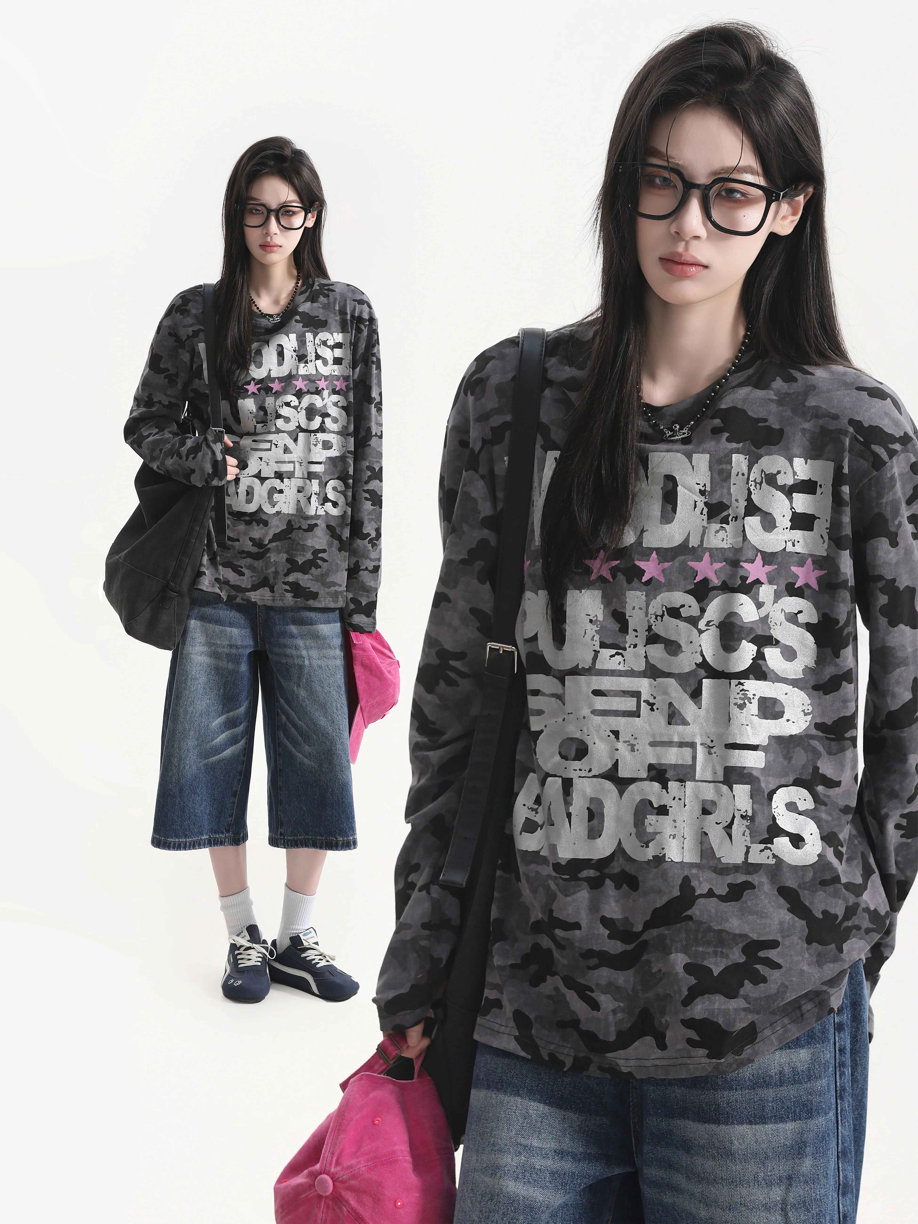 Silver Heat Transfer Print Camouflage Long Sleeve T-Shirt Unisex Street Style Design Casual Fashion Breathable Cotton Blend