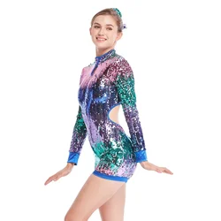 Biketard Jazz Acrobat Costumes Dance Performance Wear Heavy Sequins Long-sleeves