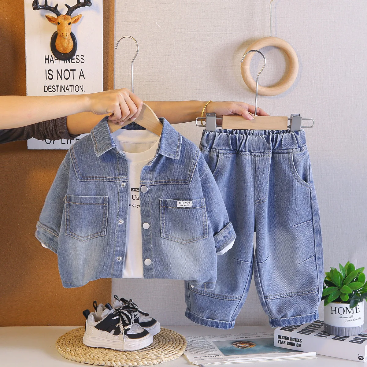 Toddler Boys Lapel Double Pocket Wash Denim Jacket + White Tee + Denim Pants 3 Piece Outfit Kids Spring Autumn Daily Tracksuit