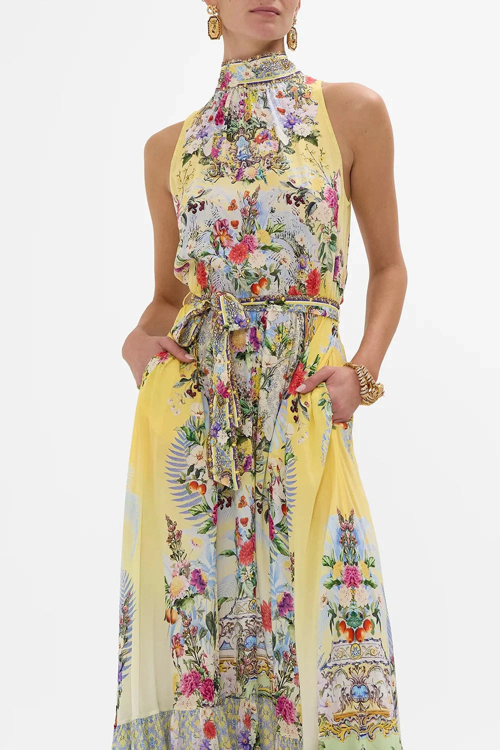 

100% Silk Female Yellow Flower Print Long Dress Summer 2025 Crystal Beaded Ribbon Collar Sleeveless Holiday Ladies Robe
