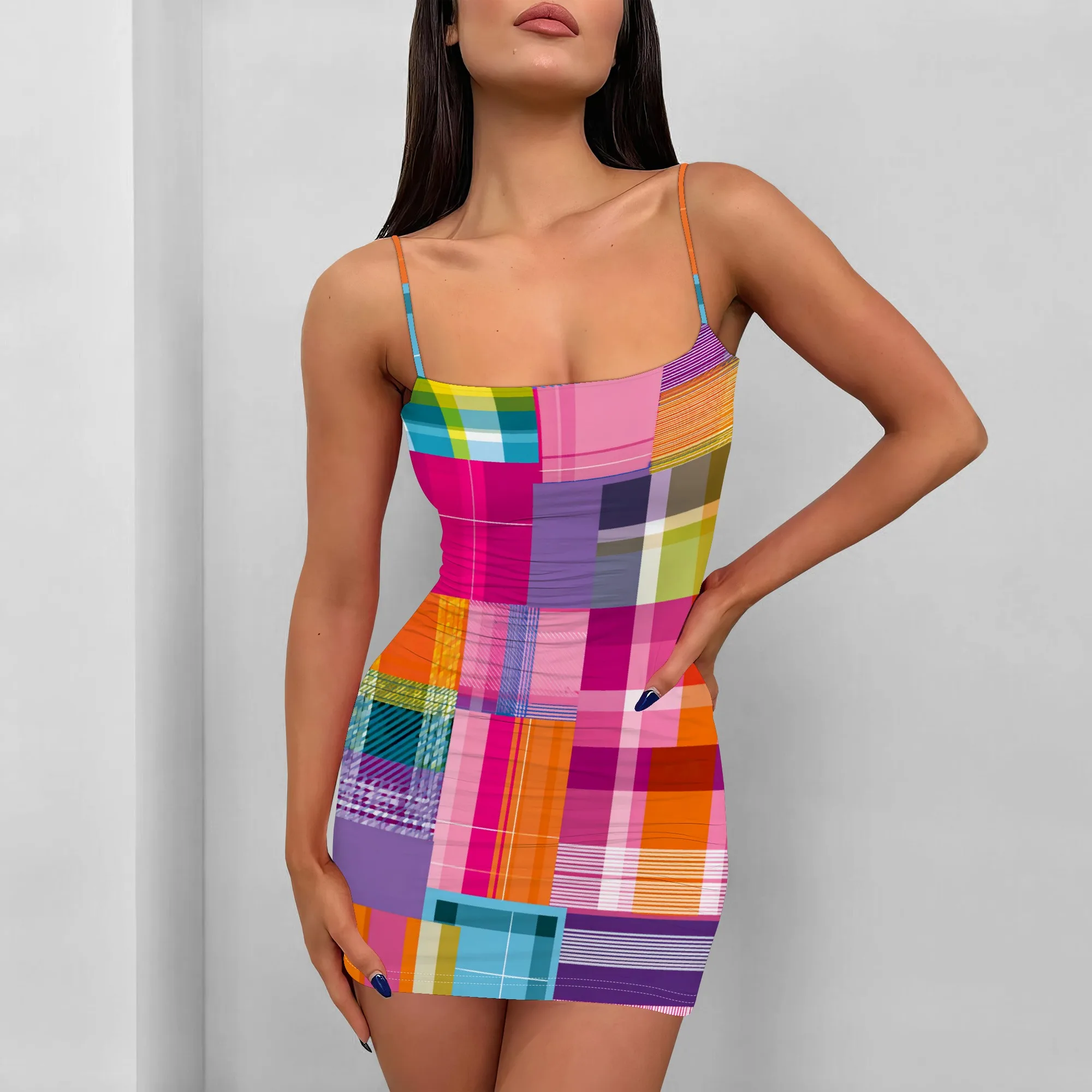 

Women's Colorful Patchwork Plaid Mini Dress Plus Size Y2K Bodycon Spaghetti Strap Summer Festival Outfit 2025 S-3XL