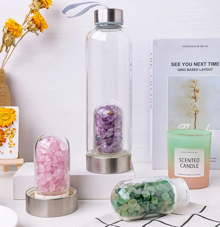 天然水晶石エネルギーカップ 304ステンレス鋼ガラス製水筒 高ホウケイ酸ガラス製水カップ 蓋付き ロープ付き