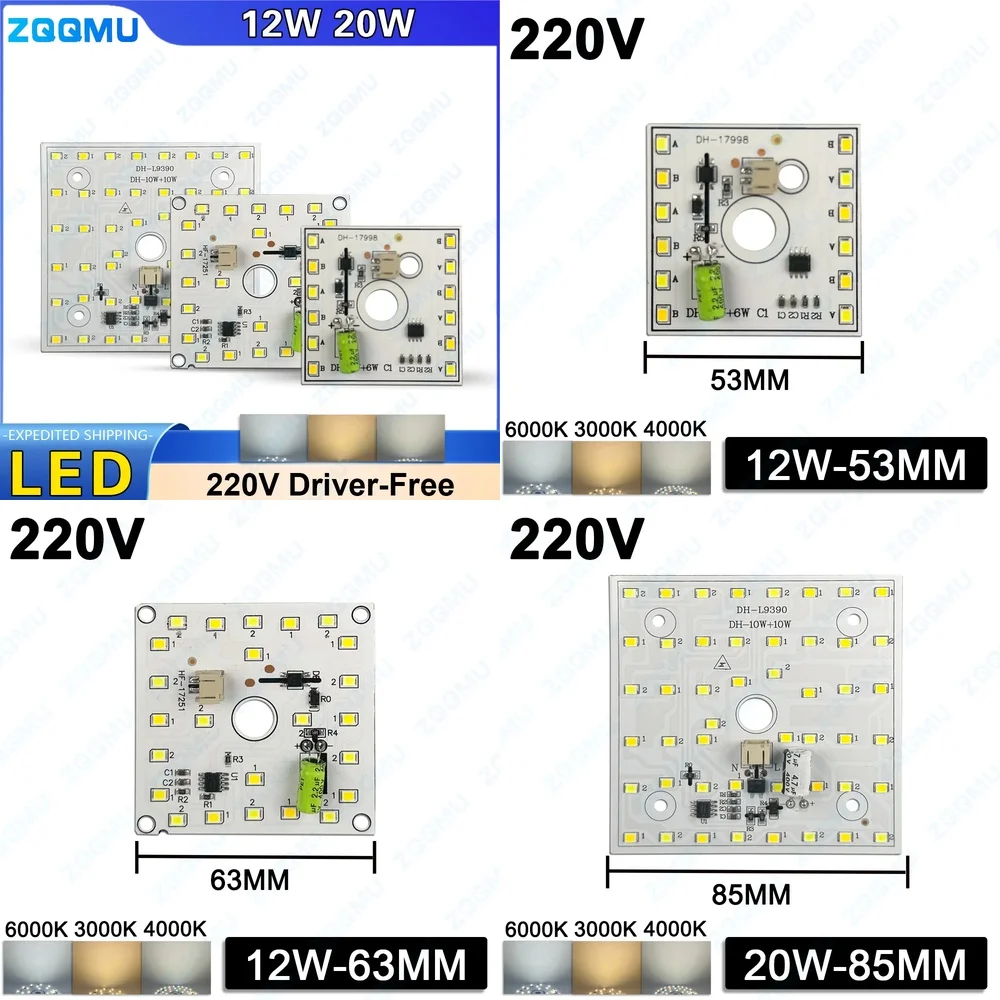 

12W 20W Square LED Light Board 220V No Driver Required for Home Lighting Upgrade Panel with 3 Color Options Energy Efficient