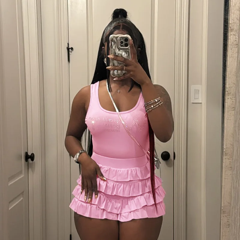 

Women Solid Summer 2 Piece Set Diamonds Letter Tank Crop Tops + Cascading Ruffles Skirts Shorts Holiday Outfits Clubwear Suits