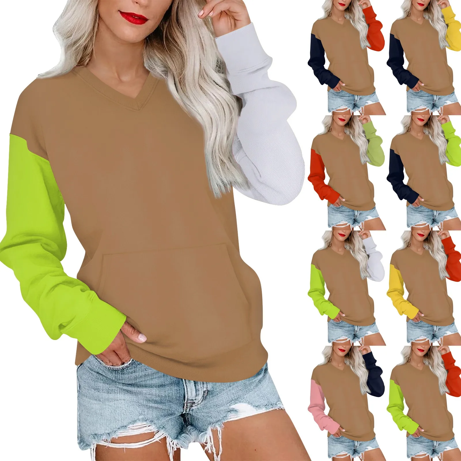 Women'S Casual Fashion Stitching Color V-Neck Long Sleeve Sweatshirt Light Pullover With Pockets Sudaderas De Mujeres 2024