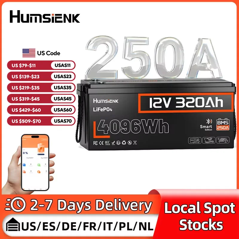 

Humsienk 12 В 320 Ач LiFePO4 аккумулятор 4096 Втч 250 А BMS 15000 циклов A + элементы для автодома/лодки/солнечной энергии/выключения/троллинг-двигателя