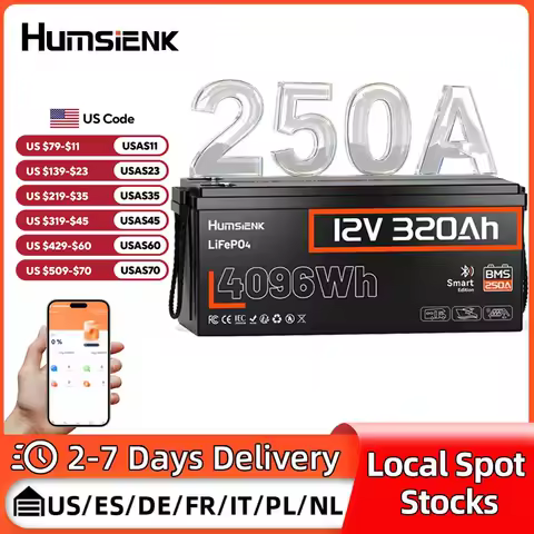 Humsienk 12V 320Ah LiFePO4 Battery 4096Wh 250A BMS 15000 Cycles A+ Cells For RV/ Boat/Solar Energy/Off Grid/Trolling Motor