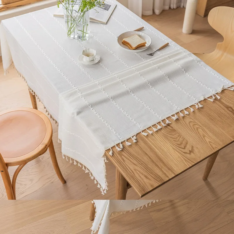 

Cotton Linen Tablecloth Embroidery Long Dining Table Tablecloth Household Simple Coffee Table Cloth Tassel Tablecloths