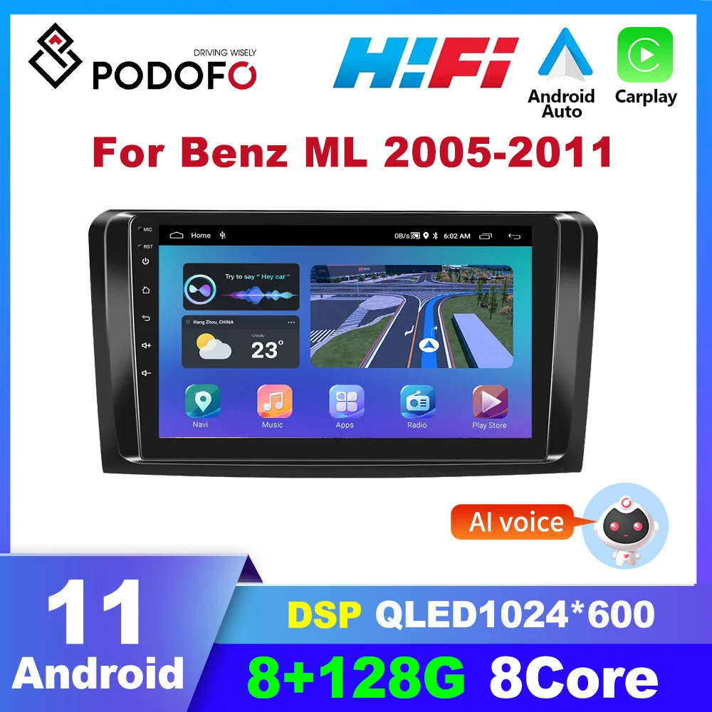 Podofo 2din Android  Car Radio Carplay For Mercedes Benz ML series 2005-2011 Multimedia Video Player Autoradio GPS Navigation