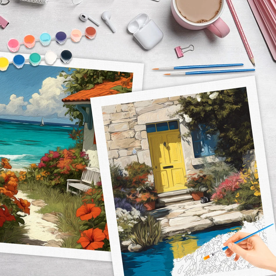 RUOPOTY Malen nach Zahlen, Kit für Erwachsene, Retro-Dorflandschaft, Farbmarkierungen, Acrylfarben, Bild, Zeichnen, Basteln, Aquarell-Sets