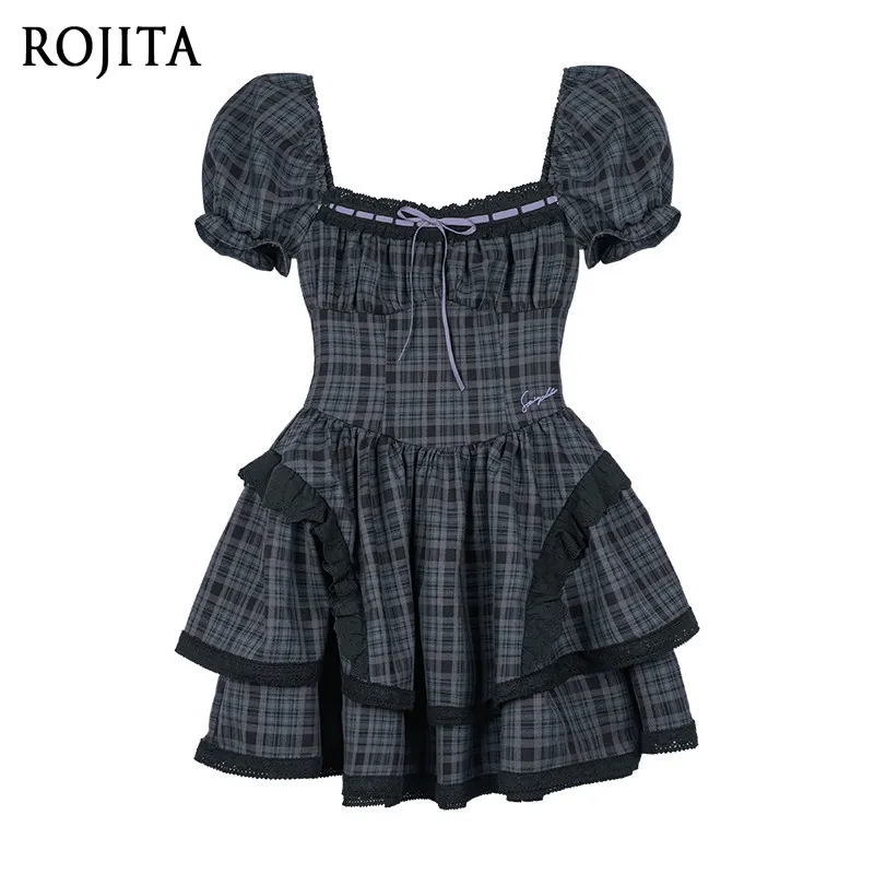 

Kawaii Black Grey Plaid Lolita Dress 2026 New Bubble Sleeve Doll Cake Dress Y2K Punk Gothic Square Neck Cute Short Dress