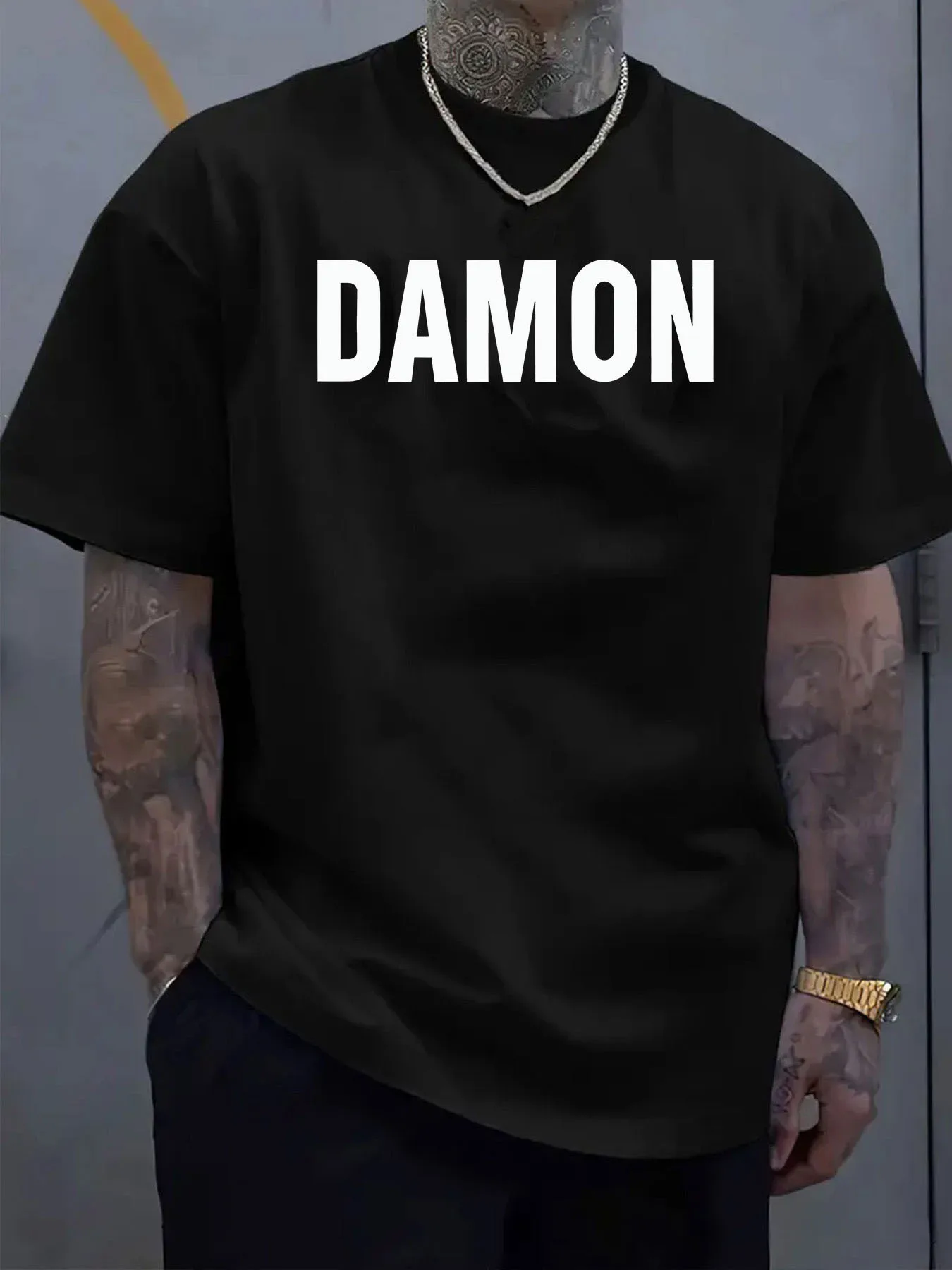 Men'S Oversize T-shirt With Bold DAMON Letter Print | Elastic Round Neck, Breathable Fabric, Machine Washable, Casual Style, Sui