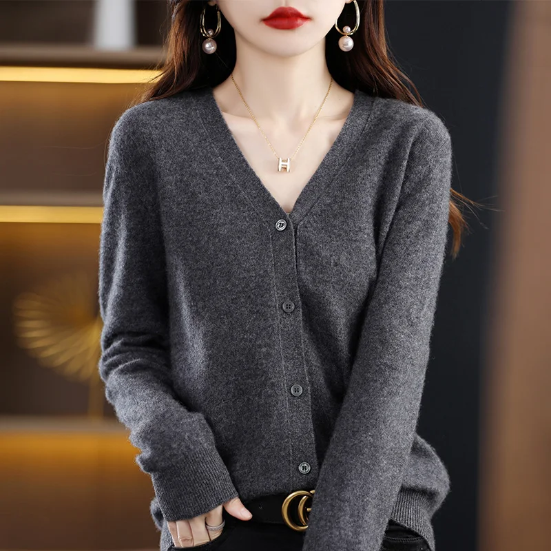 2024 Spring Women V-neck Cardigan Sweater 100% Merino Wool Knitwear Solid Soft Basic Coat Preppy Style Korean Popular Clothes