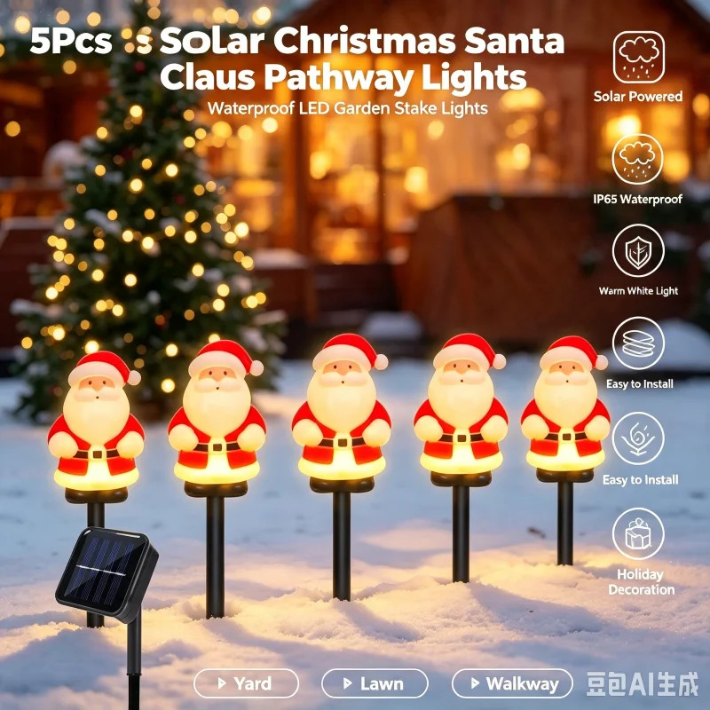 5 Piece Solar Santa Claus Lights, Christmas Garden Stake Pathway Lamps for Outdoor Yard Lawn Walkway Holiday Decoration