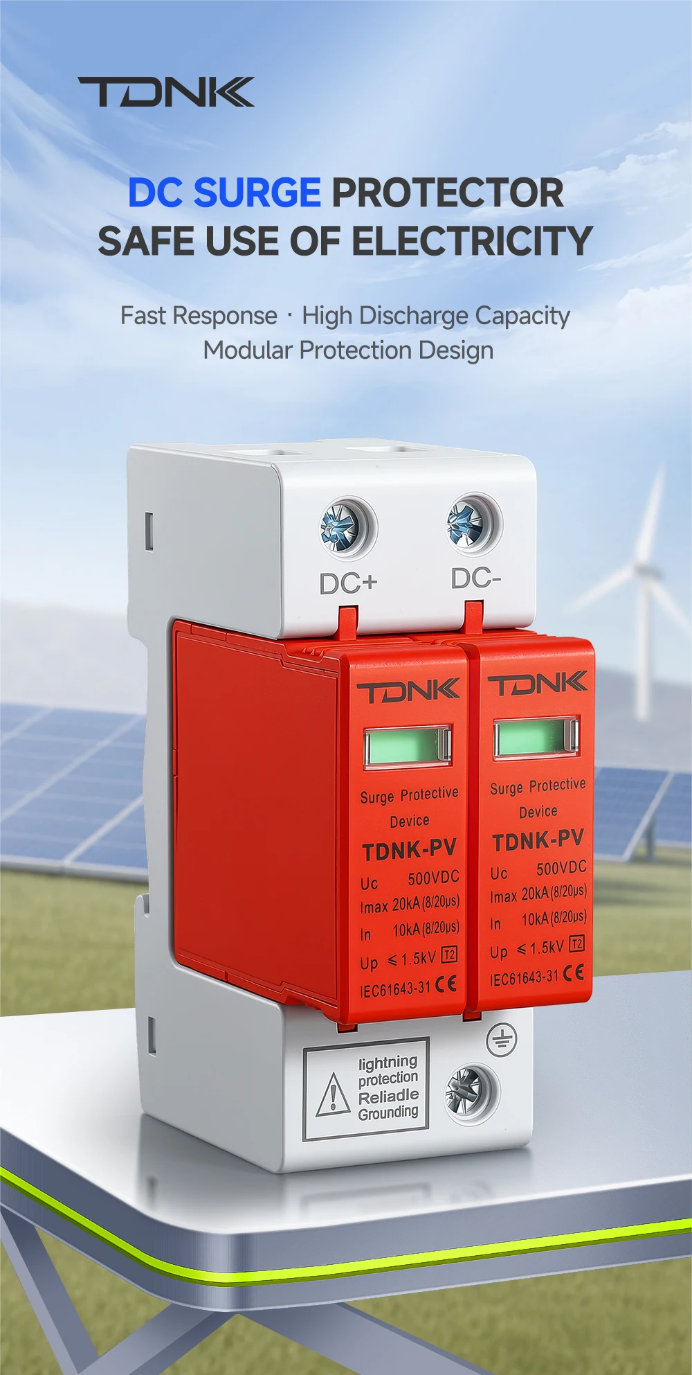 TDNK-PV DC SPD Überspannungsschutzgerät 2P 20KA 40KA 500V 600V 800V 1000V für Solar-PV-Panel Blitzschutz – Detail 1