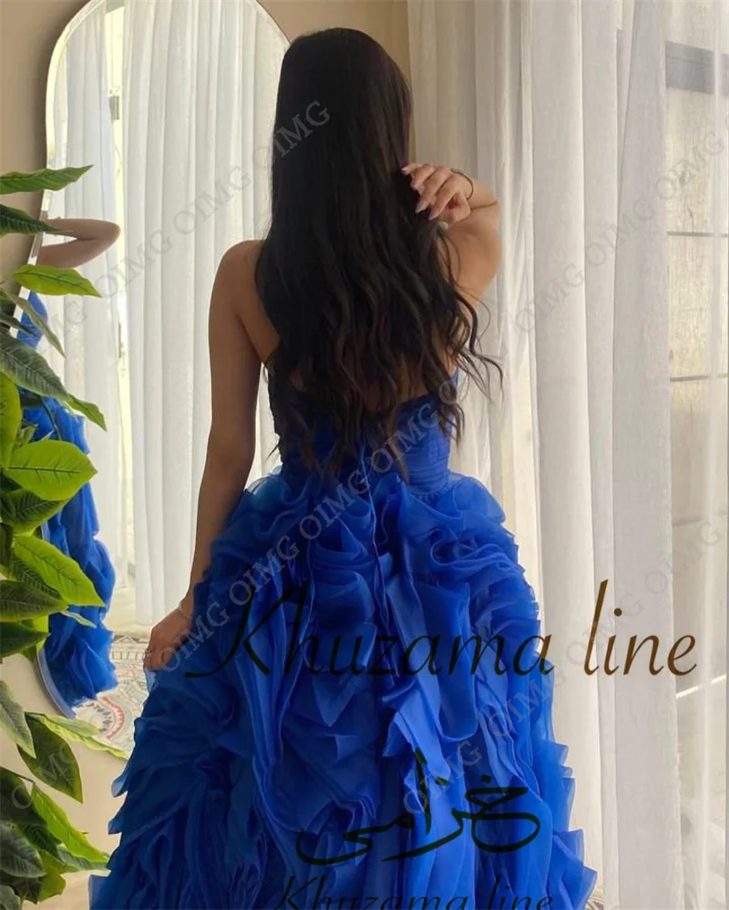 OIMG-Royal Blue A Linha Prom Vestidos, vestidos sem mangas, Strapless Tiered, Ruched Querida, Vestido de festa formal celebridade