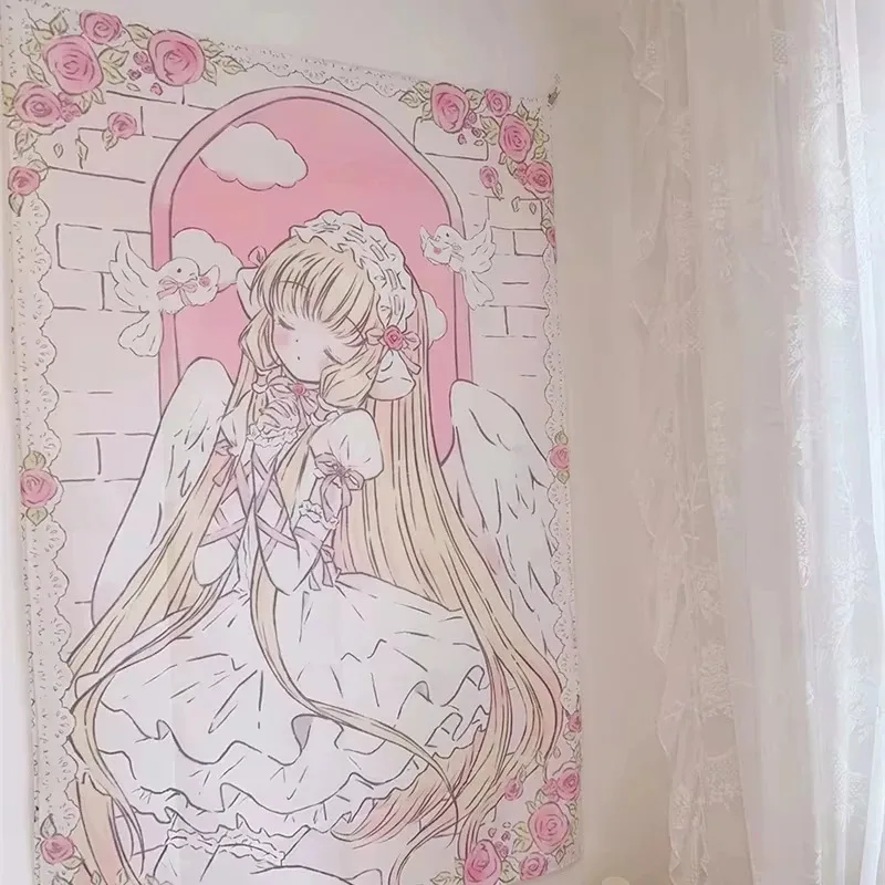 VIKAMA Cute Angel Tapestry Pink White Wall Blanket for Bedroom Accent Living Room Decor Dorm Room Aesthetic and Anime Fan Space