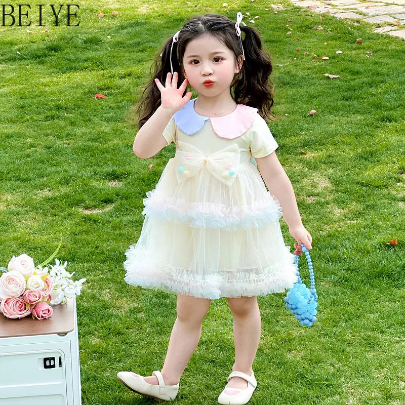 

Sweet Lolita Tulle Dress Girl Colorfukl Peter Pan Collar Short Sleeve Bow Dress Ruffle Tiered Princess Birthday Party Kids Dress