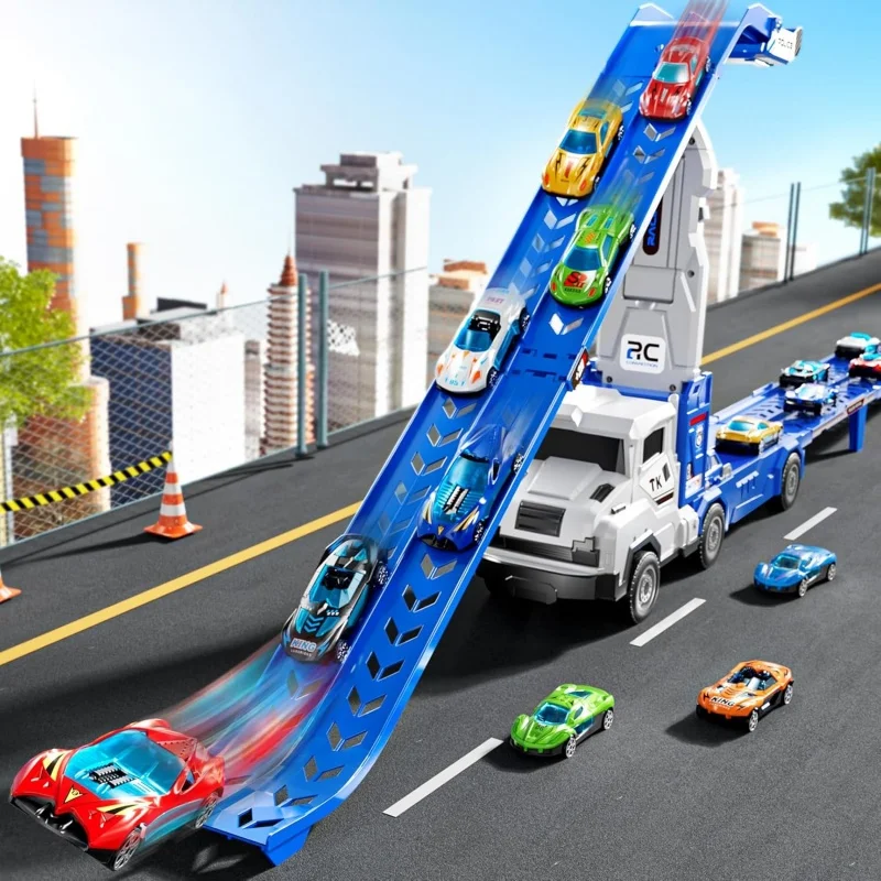 รถของเล่นแบบรางคู่พร้อมรถแข่งโลหะผสม 6 คัน ชุดรถบรรทุกขนส่งพร้อมฟังก์ชันปล่อยและเลื่อน เหมาะสำหรับเป็นของขวัญคริสต์มาสสำหรับเด็ก