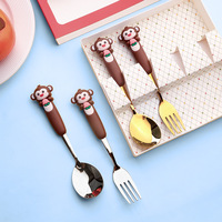 2PCS/4PCS Cute and Cute Monkey Spoon Fork Children's Eating Spoon Fork Kindergarten Spoon Fork Stainless Steel