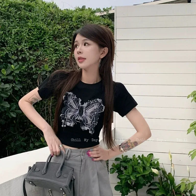 Summer Chic Three-dimensional Butterfly Short Style T-shirt Women's Clothing Vintage Sweet Slim Short Sleeve Top Tee