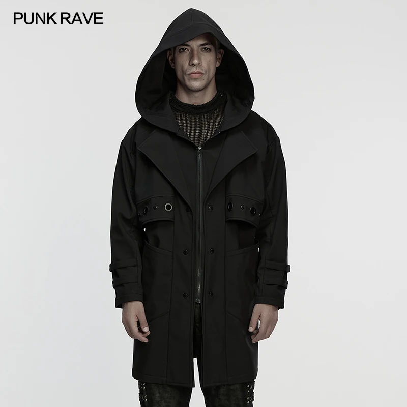 PUNK RAVE Men's Punk Techwear Style Waterproof Casual Hooded Jacket  Black Long Coat Men Clothing Streetwear