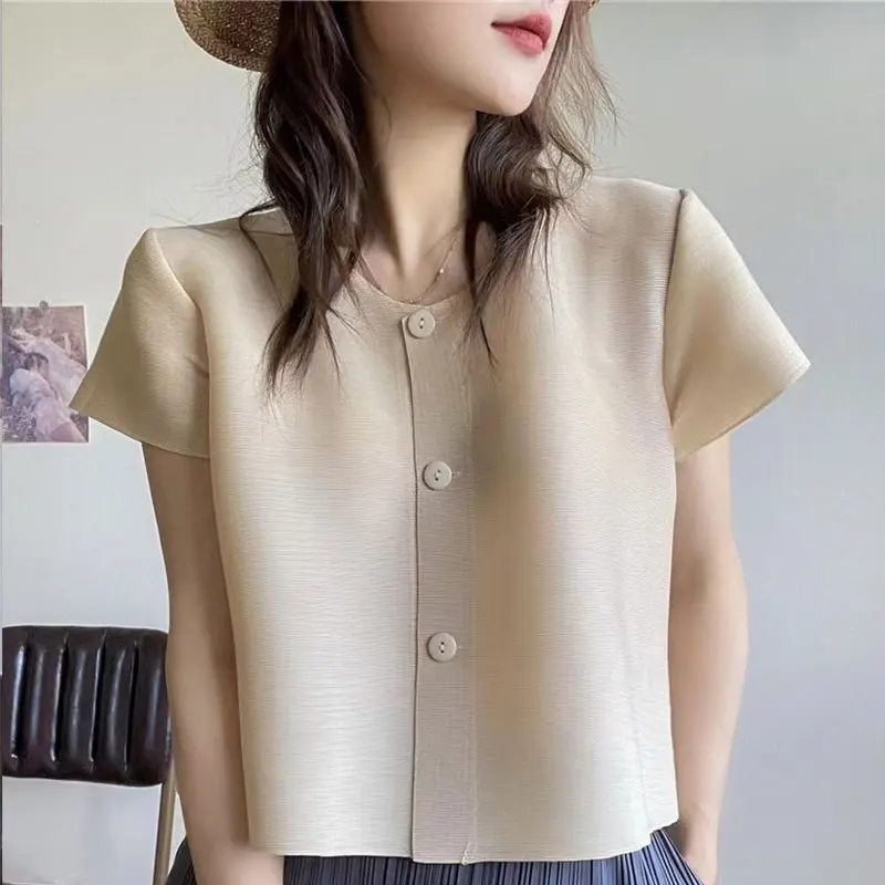 2024 Elegant Fashion Harajuku Slim Fit Female Clothes All Match Outerwear Solid Button Thin Style Cardigan Short Sleeve Shirt