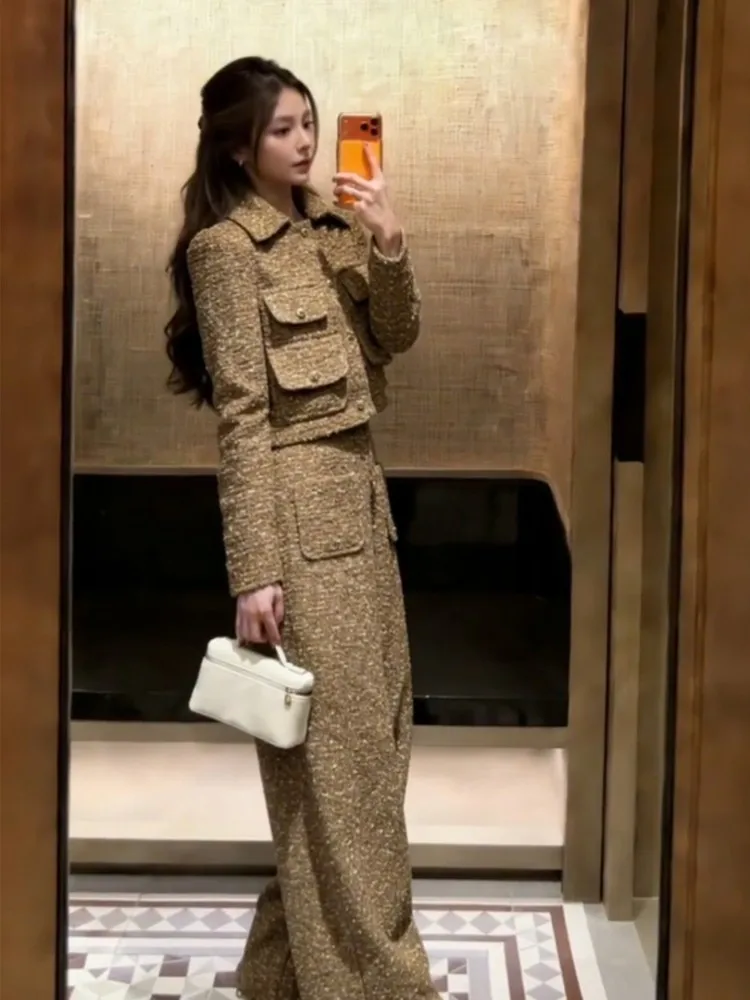 Casual Ladies Work Tweed Multi Pockets Single Breasted Long Sleeves Coat Two Piece Set Elegant Female Straight Long Pant Sets