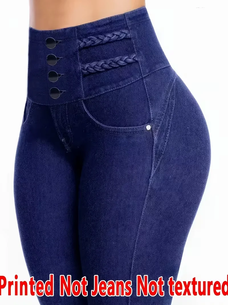 Bedruckte Damenleggings, kein Denim-Stoff, Design mit Scheintaschen und Knöpfen, hochelastische, modische, schmal geschnittene, lässige Skinny-Hose – Detail 3